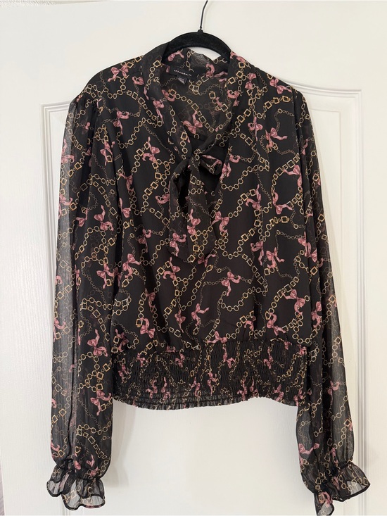 Tamara H Tops - Bows and Chains Print Neck Tie Shirt